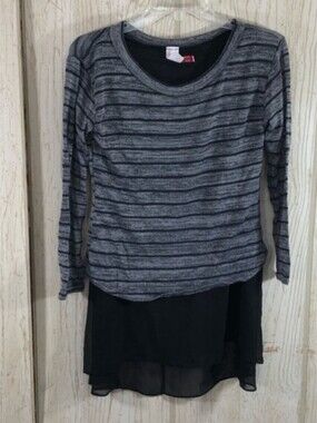 J Mode Layered Long Sleeve Striped Top Mesh Chiffon Tunic Gray Black Medium
